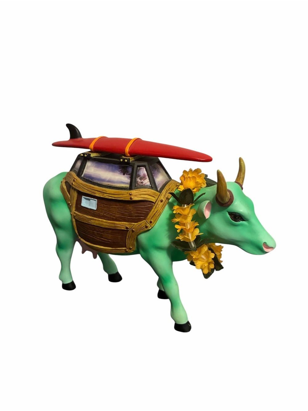 CowParade Cow-A-Bunga! Green Surfboard Cow Figurine 9148 2002 Woody Wagon Lei
